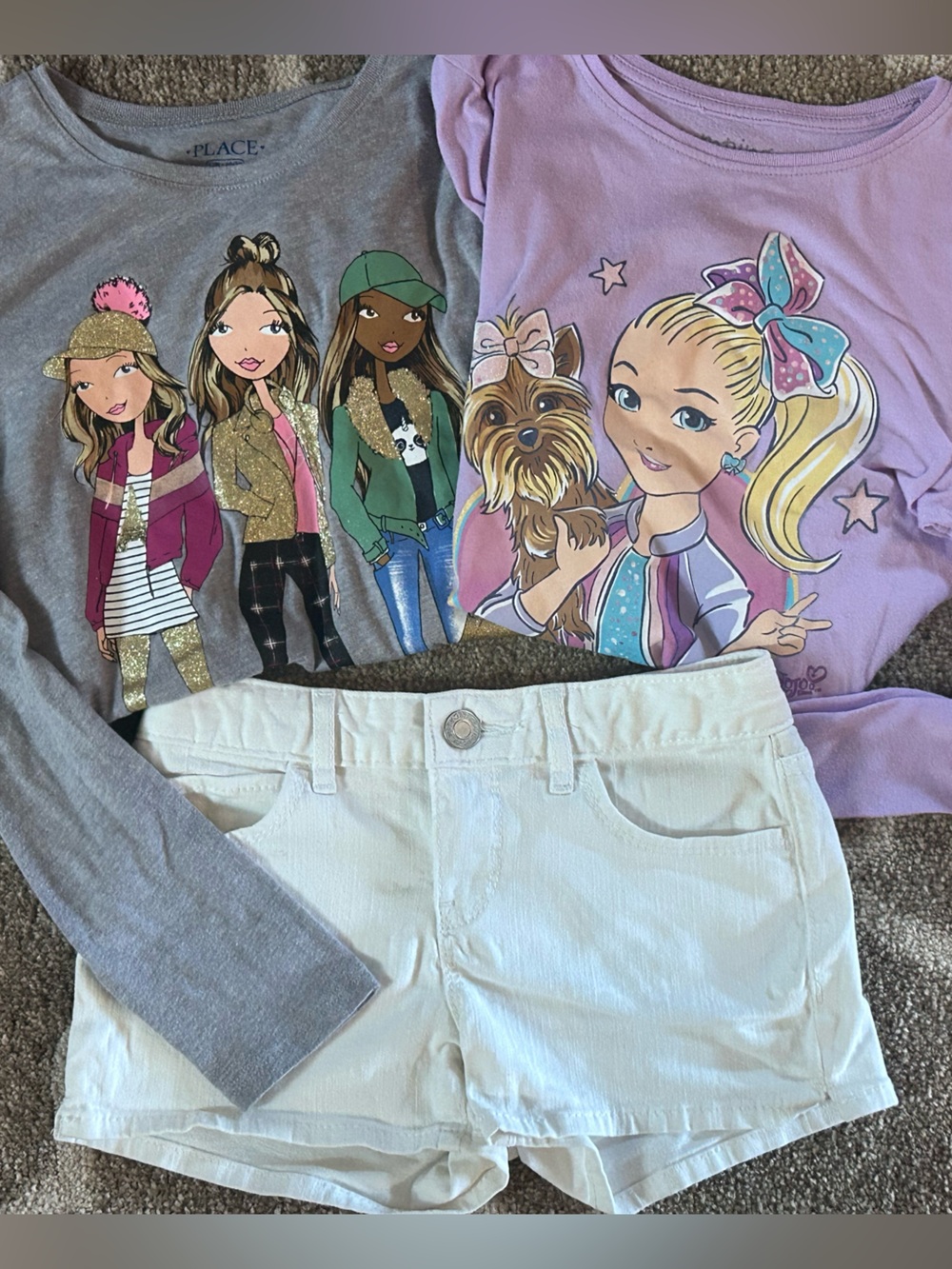 3 girls items-Denim shorts 2 long sleeve Tees Size 10